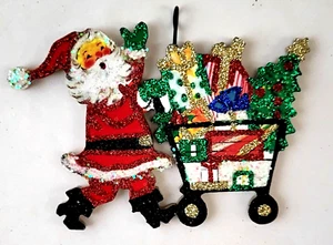 SANTA w SHOPPING CART FULL of GIFTS, TREE Glitter CHRISTMAS ORNAMENT * Vtg Img - Picture 1 of 1