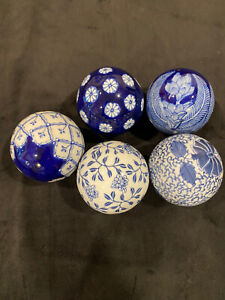 Vintage Set Of 5 M Cobalt Blue White Chinoiserie Ceramic Porcelain Carpet Balls