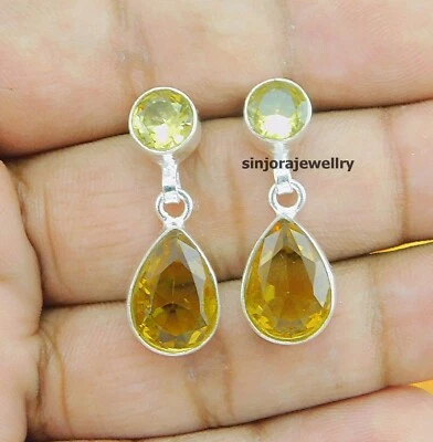 Citrine Gemstone 925 sterling silver handmade stud Earrings 1" inch - Image 1 of 4