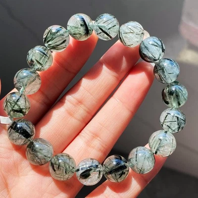 11.2mm Natural Green Tourmaline Rutilated Quartz Crystal Beads Bracelet 041 - Image 1 of 4