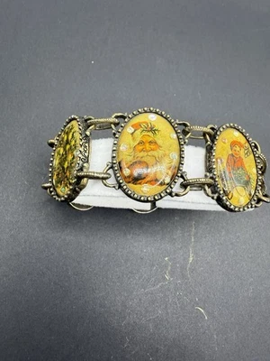 复古维多利亚时代古董黄金圣诞树圣诞老人椭圆形面板链接手链 — 第 1/4 张图片