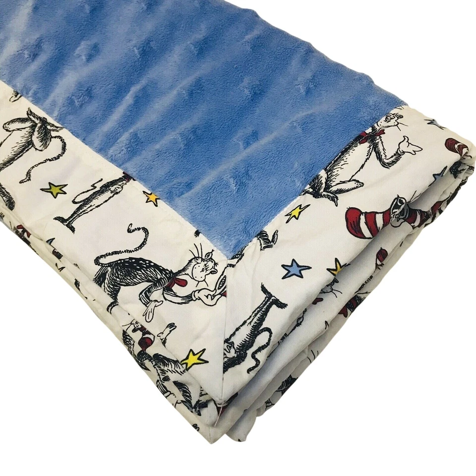Trend Lab Dr Seuss Cat In The Hat Baby Blanket Blue Stars Minky Print Trim - Image 1 of 4