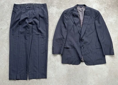 VTG Men’s 2pc Navy Pinstriped Suit 44R 36x30 Pleated Union Made USA Talon Zipper - Image 1 of 4