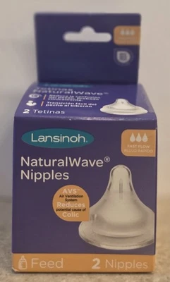 Lansinoh Naturalwave Baby Bottle Nipples, Fast Flow, Anti-Colic, 2 Count NEW - Image 1 of 4