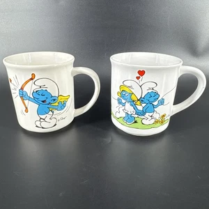 Taza de café de cerámica de dibujos animados Peyo Pitufos de colección de los 80 lote de 2 corazones de amor día V - Imagen 1 de 11