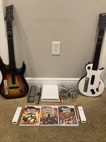 Wii Console Bundle Guitar Hero Games + Controllers + Guitar + Cords + Tested!!