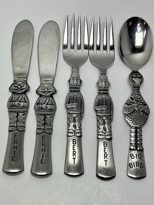 Винтажный набор из 5 детских столовых приборов 1976 Gorham SESAME STREET из нержавеющей стали - Изображение 1 из 4