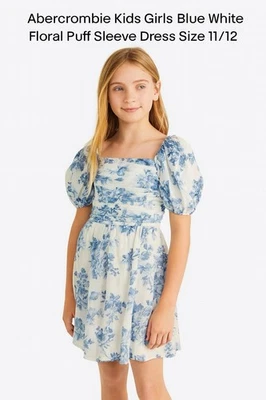 Vestido Abercrombie infantil meninas azul branco floral manga folhada tamanho 11/12 Cottagecore - Imagem 1 de 4