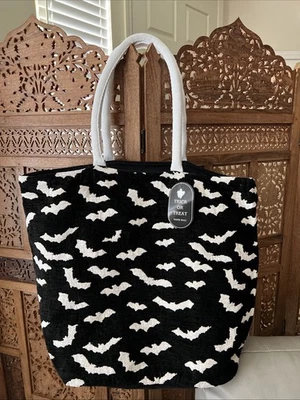 Bat Tote Bag Halloween Black White Carpet Type Fabric Purse Large 23x18x9 Cotton - Image 1 of 4