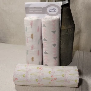 3 Luvable Friends 100% Cotton Flannel Receiving Blankets 28" X 28"  - Picture 1 of 1
