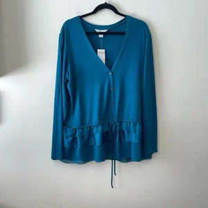 Christopher & Banks Button Ruffled Cardigan Sweater XL Teal - Picture 1 of 7