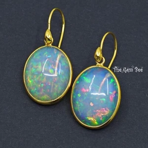 Large Natural Crystal Opal Oval Shape Bezel 18k Solid Yellow Gold Earrings - Picture 1 of 8