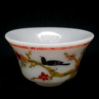 Antigua pintura china de 3,2 pulgadas de esmalte de Beijing flor y pájaros cuenco taza colección Foto 1 de 4