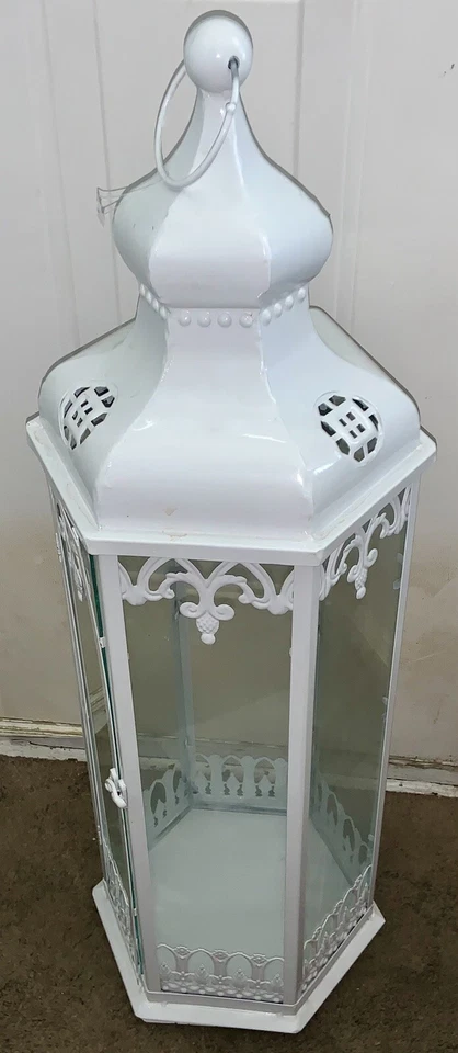 White 31"x 10" Candle Holder Lantern Lamp Metal Glass Terrace Outdoor New - Image 1 of 4