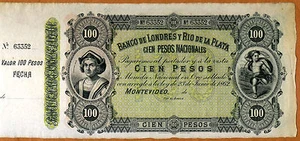 Uruguay, 100 pesos, 1862, P-S245r, Banco De Londres Y Rio De La Plata, aUNC - Picture 1 of 4