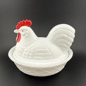 Westmoreland Milk Glass Rooster Hen on Nest Red Comb & Waddle Candy Dish - Picture 1 of 8