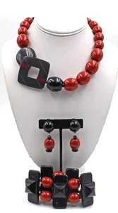 Angela Caputi For Fiocchi Italy Black Rust Red Necklace Bracelet Earrings Set - Picture 1 of 10
