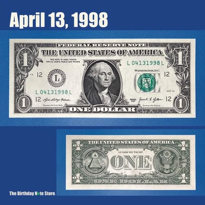 April 13, 1998 Birthday Anniversary $1 One Dollar Bill Serial Number 04131998 - Image 1 of 2