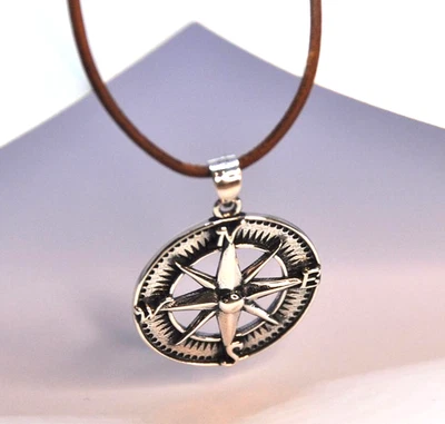 Collar de plata esterlina con brújula colgante de cuero de canguro broche de perlas de agua dulce Foto 1 de 4