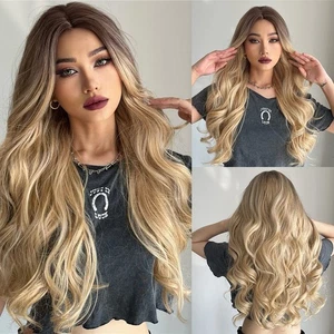 Braunblonde Perücke Dark Roots Ombre Blond Wig Damen Mädchen Lang Lockig Wellig Stirn... - Bild 1 von 5