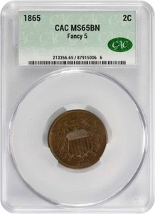 1865 Two Cent Piece Fancy 5 MS65BN CACG - Picture 1 of 4
