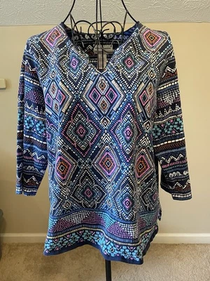 Alfred Dunner Vintage Blue Geometric Pattern Embellished Tunic Size Petite Med - Image 1 of 4