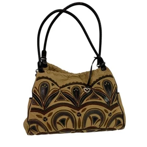Brighton Canvas Schultertasche braun bestickt Hobo Herz Anhänger große Beuteltasche - Bild 1 von 13