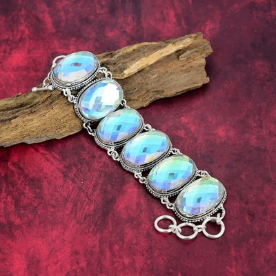 Подарочный мужской браслет из стерлингового серебра 925 пробы с мистическим топазом и драгоценными камнями ручной работы - Изображение 1 из 4