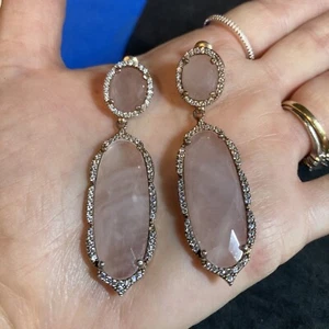 Rose quartz sterling silver 925 dangle drop earrings 2.5” b121 Gold Vermeil - Picture 1 of 10