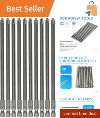 10-Piece Phillips Screwdriver Bit Set - 6 Inch S2 Steel, Magnetic for Precision - Image 1 of 4
