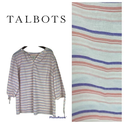 New Talbots 2X 18 20 Top Shirt Tunic Striped V-Neck White Blue Coral Nautical  q Foto 1 de 4