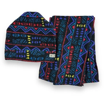 Vtg Columbia Hat & Scarf Multicolor Aztec Fleece Set USA S/M Cap 56” Long - Image 1 of 4