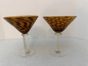 Set of (2) - Amici - Tortoise Shell Pulled Feather - Martini Glasses - 7" Tall - Picture 1 of 5