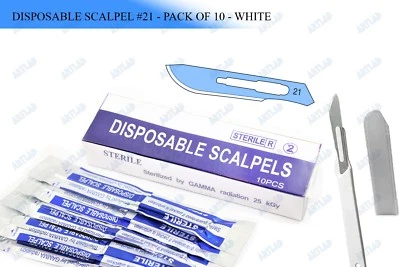 PACK OF 10 STERILIZED DISPOSABLE SCALPELS #21-SINGLE USE - DISSECTING, SURGICAL - Image 1 of 4