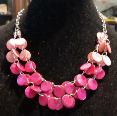 Collar Doble Hilo Concha de Abulón Rosa Caliente Barbiecore 16"-19 1/4" Foto 1 de 4
