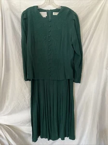 Karin Stevens 16 Vtg Green DRESS Suit Pleated Skirt long Sleeve Modest Rayon - Picture 1 of 24