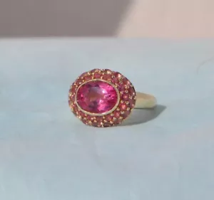 Anello Baby Phat Designer Oro Massiccio 14k Topazio Rosa Pietra Preziosa - Grande Grappolo Ovale - Foto 1 di 10