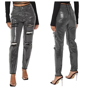 Neu mit Etikett Maniere de Voir Pailletten Destroyed gerades Bein Jeans Größe 4 hohe Taille schön! - Bild 1 von 12