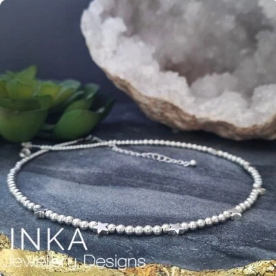 925 Sterling Silver Beaded Handcrafted STAR Bead Choker Necklace INKA - Image 1 of 4