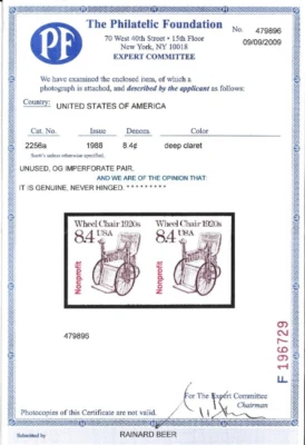 IMPERFORATE ERROR Pair, Scott #2256a, 8.4c Wheelchair with 2009 PF Certificate - Image 1 of 2