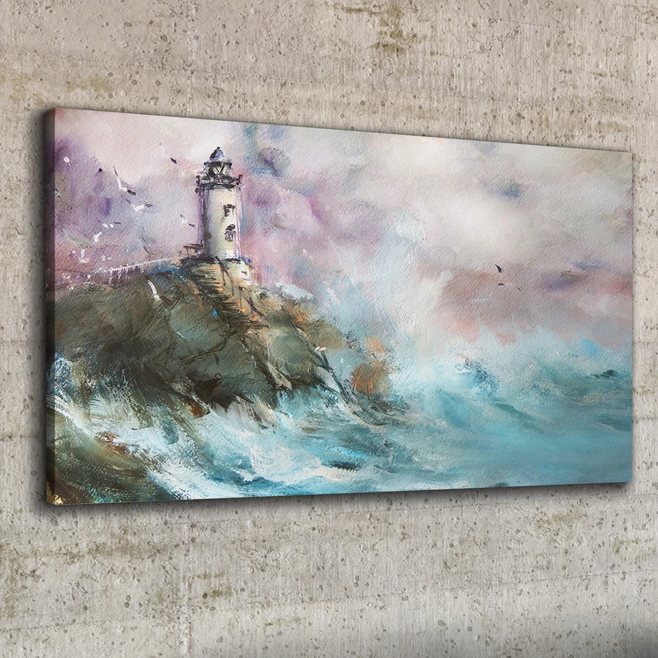 Canvas Print 100x50 Oil Painting Lighthouse Picture Wall Art Framed Decor - Image 1 of 4