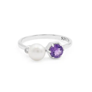 Sterling 925 Silver Pearl Band Ring Natural Amethyst Gemstone Eternity Jewelry 7 - Picture 1 of 3