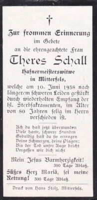 Totenzettel Theres Schall, +1938 in Mitterfels, Bay. Wald - Bild 1 von 2