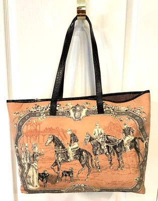TALBOTS VICTORIAN HORSES BOLSA TOTE DE LONA COURO TIRAS DUPLAS ESGOTADA/APOSENTADA - Imagem 1 de 4