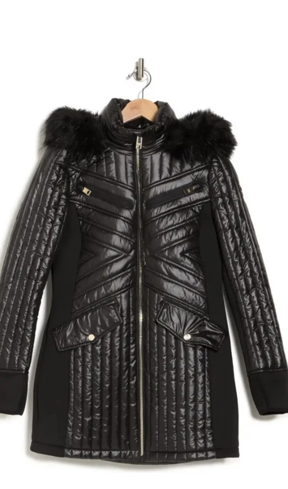 Michael Kors Chevron Quilted Hooded Down Puffer Coat Jacket M Black