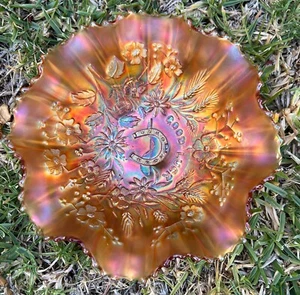 GOOD LUCK w/ Pink Irid Tones*Ribbed Back* Marigold Ruffled Bowl Northwood c1908 - Picture 1 of 12
