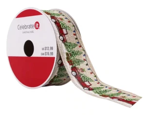 Christmas Trucks Wired Faux Linen Ribbon NEW - Picture 1 of 3