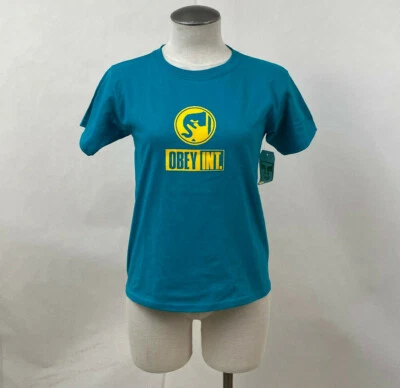 Obey Women's Shrunken T-Shirt Int Icon Teal Green SM NWT Shepard Fairey Andre - Image 1 of 2