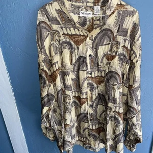Summa Shirt Mens L Brown Architectural Print 100% Silk Button Up Long Sleeve X - Picture 1 of 12
