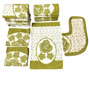 70er Vintage 14-teiliges Avocado Grün Badetuch Set Retro Rose Blumen MCM Struktur - Bild 1 von 22